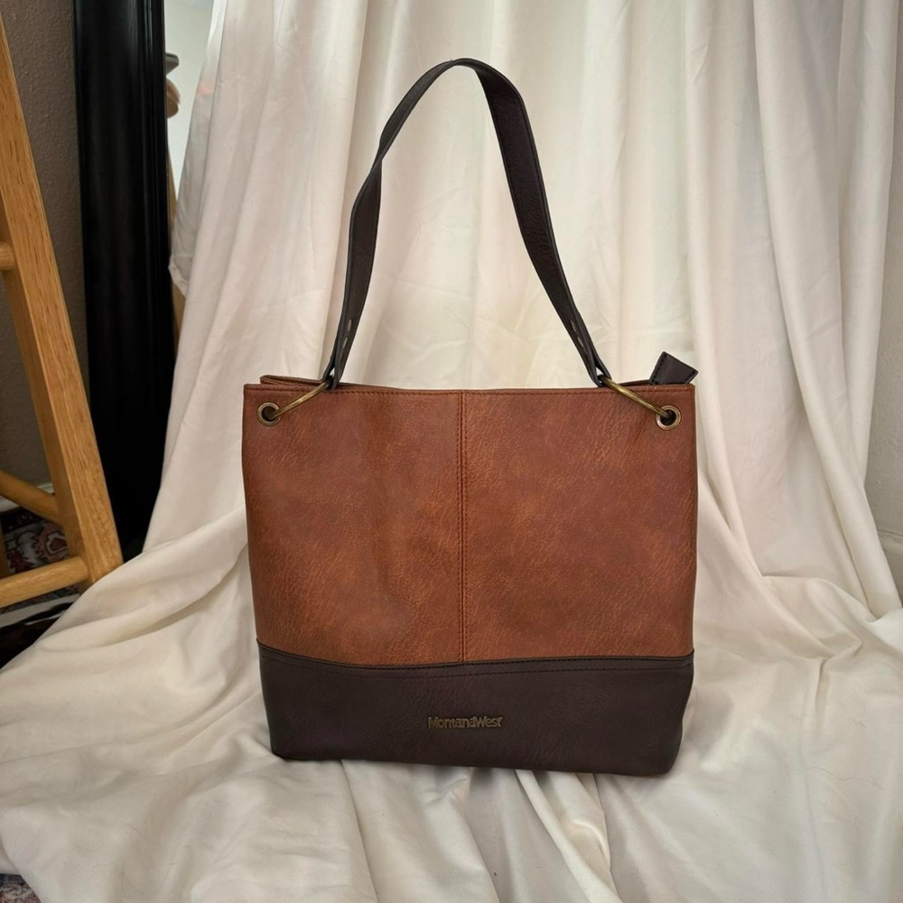 Montana West Brown Color Block Leather Tote